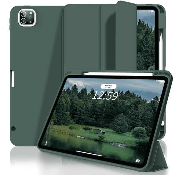 Aoub Case for for Air 13 inch M2 2024 iPad Pro 12.9 inch 6th Generation 2022 / 5th Gen 2021 with Pencil Holder, Auto Wake/Sleep, Support iPad 2nd Pencil Charging, Tri-fold Stand,Dark Green