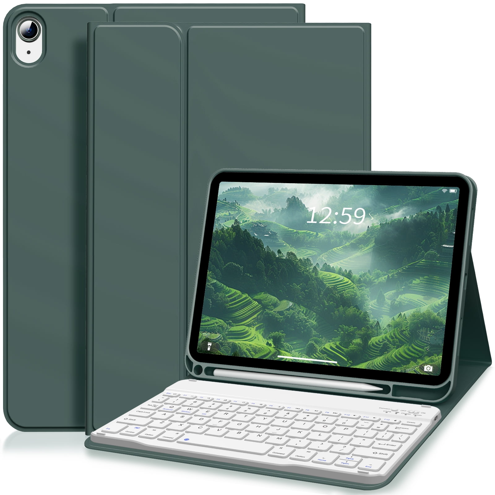 Aoub Keyboard Case for iPad (A16) 11th 10th Generation 2025 2022 with Pencil Holder, Detachable Wireless Bluetooth Rechargeable Keyboard Cover, Dark Green