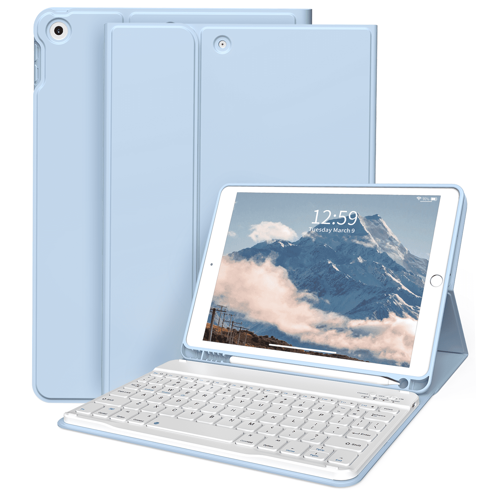 Aoub Keyboard Case for iPad 6th / 5th Generation 2018/2017 9.7 Inch, iPad Air / Air 2, Magnetic Detachable Wireless Bluetooth Folio Stand Rechargeable Keyboard Cover with Pencil Holder, Blue