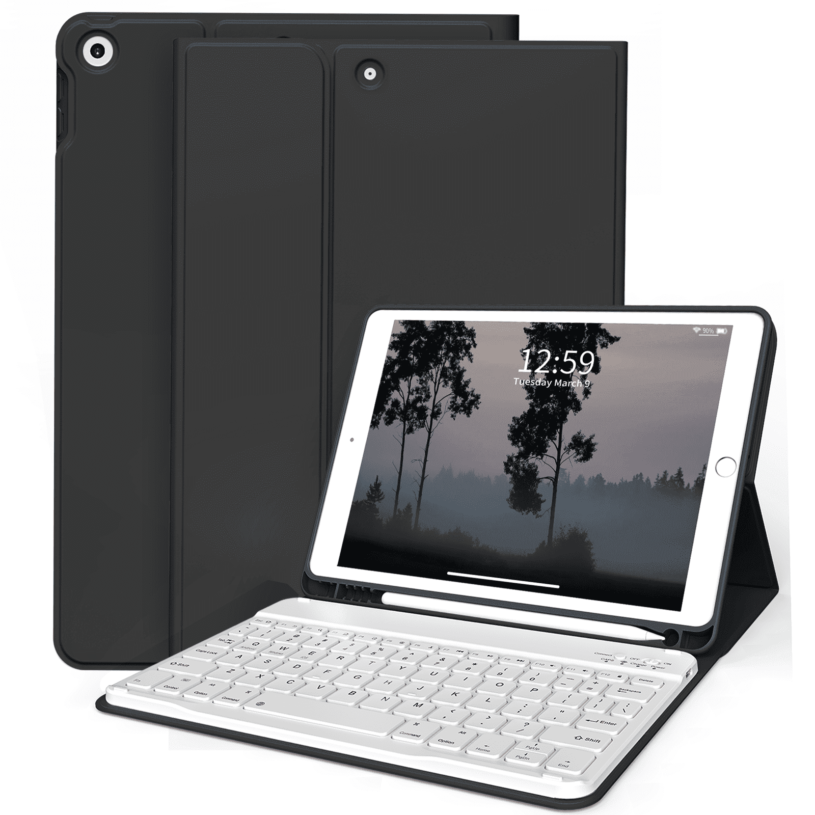 Aoub Keyboard Case for iPad 6th / 5th Generation 2018/2017 9.7 Inch, iPad Air / Air 2, Magnetic Detachable Wireless Bluetooth Folio Stand Rechargeable Keyboard Cover with Pencil Holder, Black