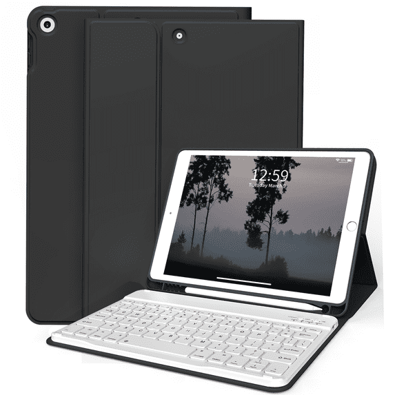Aoub Keyboard Case for iPad 6th / 5th Generation 2018/2017 9.7 Inch, iPad Air / Air 2, Magnetic Detachable Wireless Bluetooth Folio Stand Rechargeable Keyboard Cover with Pencil Holder, Black