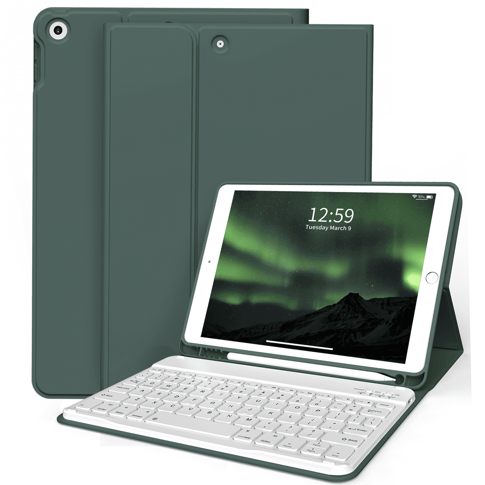 Aoub Keyboard Case for iPad 6th / 5th Generation 2018/2017 9.7 Inch, iPad Air / Air 2, Magnetic Detachable Wireless Bluetooth Folio Stand Rechargeable Keyboard Cover with Pencil Holder, Dark Green
