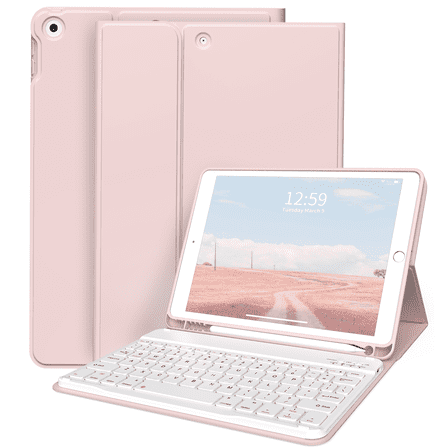 Aoub Keyboard Case for iPad 6th / 5th Generation 2018/2017 9.7 Inch, iPad Air / Air 2, Magnetic Detachable Wireless Bluetooth Folio Stand Rechargeable Keyboard Cover with Pencil Holder, Pink