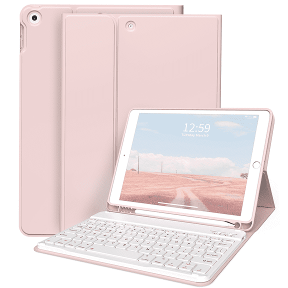 Aoub Keyboard Case for iPad 6th / 5th Generation 2018/2017 9.7 Inch, iPad Air / Air 2, Magnetic Detachable Wireless Bluetooth Folio Stand Rechargeable Keyboard Cover with Pencil Holder, Pink