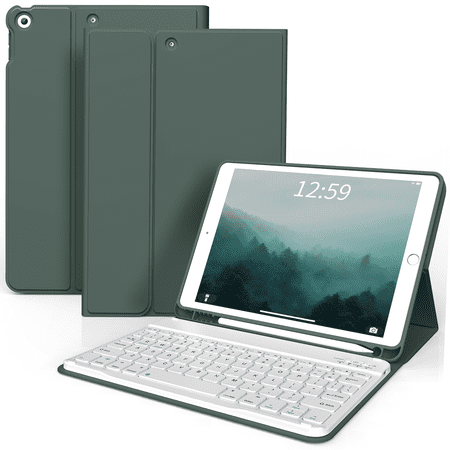 Aoub Keyboard Case for iPad 9th/8th/7th Generation with Pencil Holder, Stand Folio Detachable Wireless Bluetooth Keyboard Cover, Soft TPU Back Smart Case for iPad 10.2 inch 2021/2020/2019, Dark Green