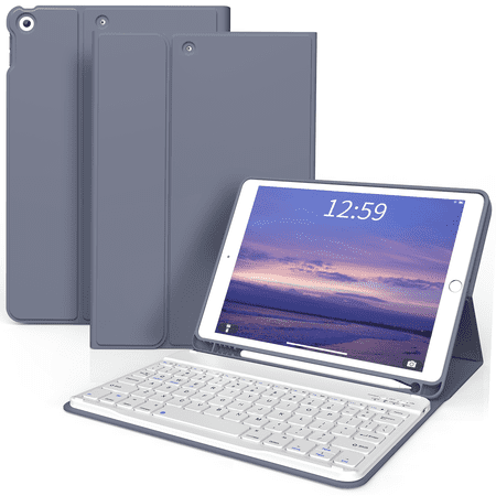 Aoub Keyboard Case for iPad 9th/8th/7th Generation with Pencil Holder, Stand Folio Detachable Wireless Bluetooth Keyboard Cover, Soft TPU Back Smart Case for iPad 10.2 inch 2021/2020/2019, Purple
