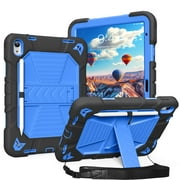 Aoub Kids Case for iPad 10th Generation with Shoulder Strap, Heavy Duty Shockproof Rugged Protective Cover with Stand & Pencil Holder for iPad 10.9 inch 2022, A2696 A2757 A2777, Black + Blue