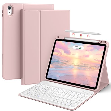 Aoub Keyboard Casefor iPad Air 11 Inch 2025 2024 M3/M2, iPad Air 5th/4th Generation 10.9 Inch with Pencil Holder, Soft TPU Back Folio Stand Cover Magnetic Detachable Bluetooth Keyboard, Pink