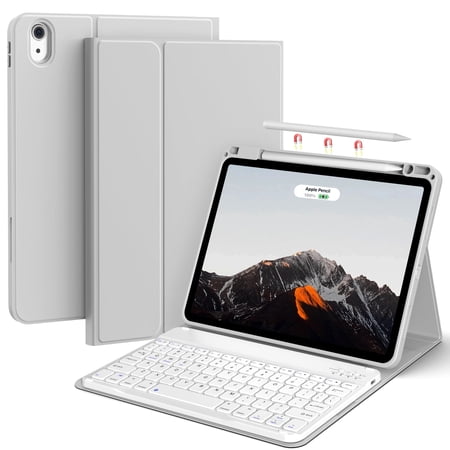 Aoub Keyboard Casefor iPad Air 11 Inch 2025 2024 M3/M2, iPad Air 5th/4th Generation 10.9 Inch with Pencil Holder, Soft TPU Back Folio Stand Cover Magnetic Detachable Bluetooth Keyboard, Gray