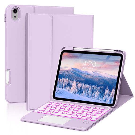 Aoub Touchpad Keyboard Case for iPad A16 11th Generation / iPad 10th Generation 2025/2022 with Backlit, Magnetic Detachable Wireless Bluetooth Keyboard Case, Light Purple