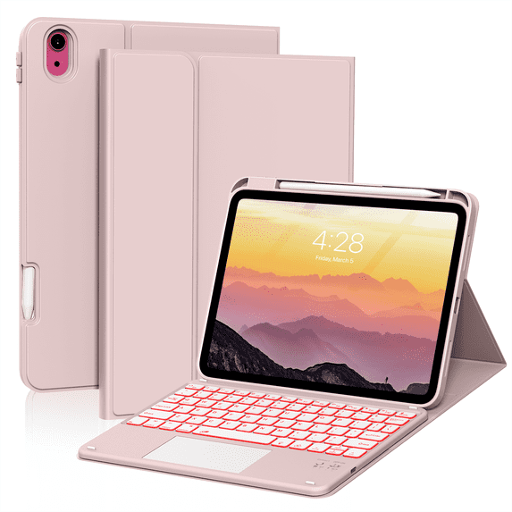 Aoub Touchpad Keyboard Case for iPad A16 11th Generation / iPad 10th Generation 2025/2022 with Backlit, Magnetic Detachable Wireless Bluetooth Keyboard Case, Pink