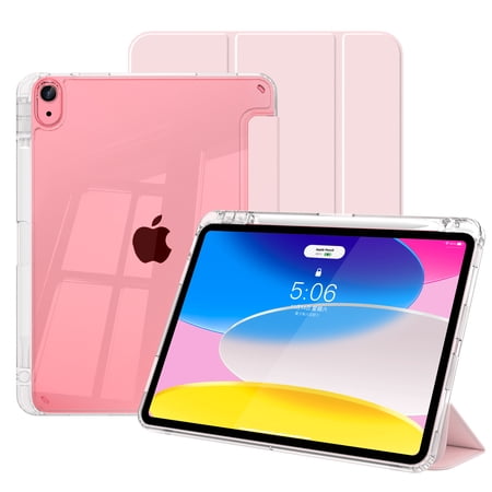 Aoub for iPad a16 11th 10th Generation Case 11 inch 10.9 inch 2025 2022, Transparent Hard Back Tri-fold Stand Smart Case, Auto Wake/Sleep, Pink
