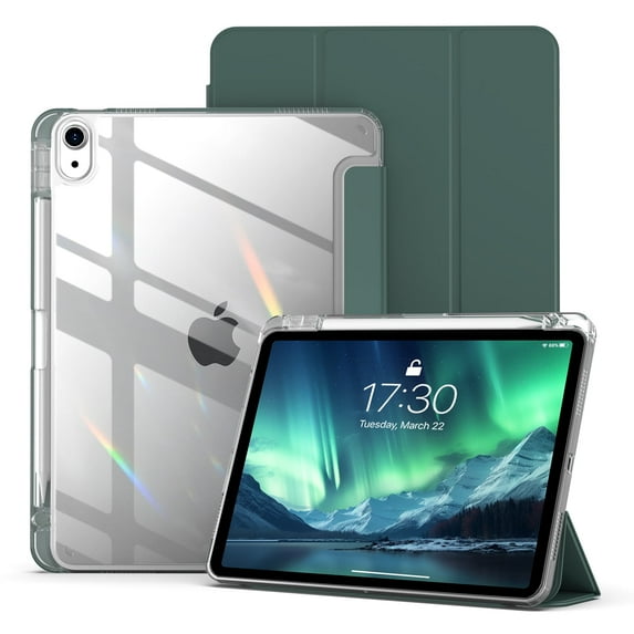 Aoub for iPad a16 11th 10th Generation Case 11 inch 10.9 inch 2025 2022, Transparent Hard Back Tri-fold Stand Smart Case, Auto Wake/Sleep, Dark Green