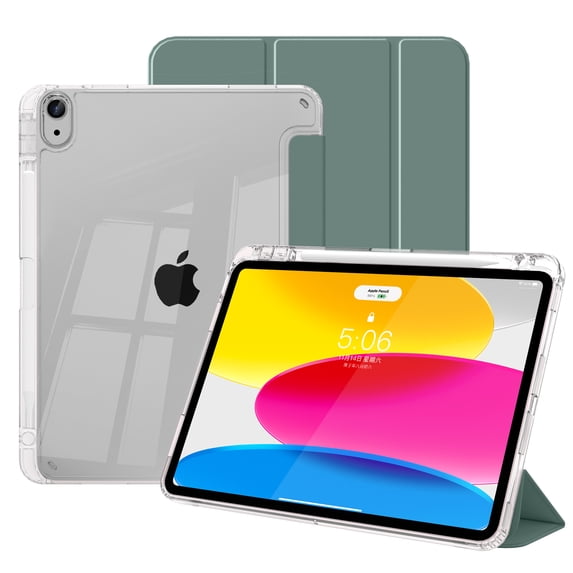 Aoub for iPad a16 11th 10th Generation Case 11 inch 10.9 inch 2025 2022, Transparent Hard Back Tri-fold Stand Smart Case, Auto Wake/Sleep, Dark Green