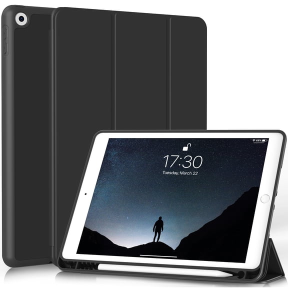 Aoub Case for iPad 6th Generation 2018 / 5th Generation 2017 with Pencil Holder, Slim Lightweight Soft TPU Back Smart Cover, Auto Sleep/Wake, Tri-fold Case for iPad 9.7 inch, Black