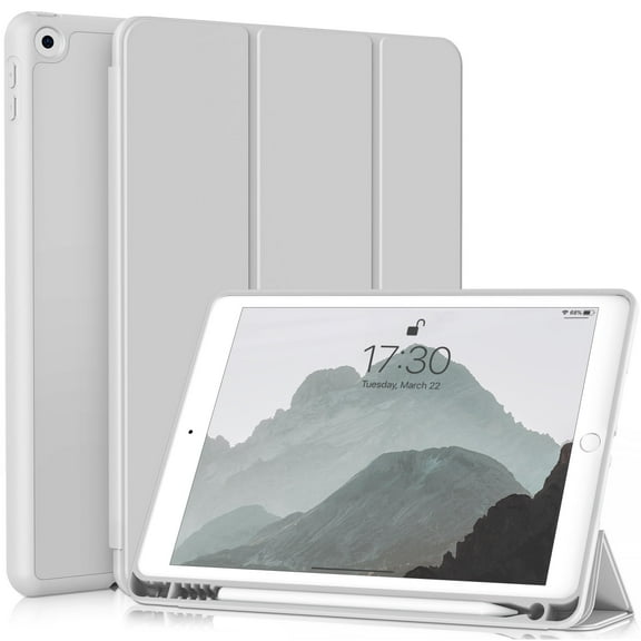 Aoub Case for iPad 6th Generation 2018 / 5th Generation 2017 with Pencil Holder, Slim Lightweight Soft TPU Back Smart Cover, Auto Sleep/Wake, Tri-fold Case for iPad 9.7 inch, Grey