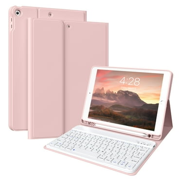 Aoub iPad 9th/8th/7th Generation Keyboard Case with Pencil Holder, Stand Folio Detachable Wireless Bluetooth Keyboard Cover, Soft TPU Back Smart Case for iPad 10.2 inch 2021/2020/2019, Pink
