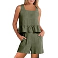 thumbnail image 1 of Aoujea 2 Piece Outfits for Women Plus Size Lounge Matching Sets Solid Outfits Linen Ruffle Crop Square Neck Sleeveless Tank Tops And Short Pants Tracksuits Suit Two Piece Summer Sets, 1 of 8