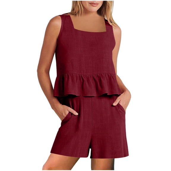 Aoujea 2 Piece Outfits for Women Plus Size Lounge Matching Sets Solid Outfits Linen Ruffle Crop Square Neck Sleeveless Tank Tops And Short Pants Tracksuits Suit Two Piece Summer Sets