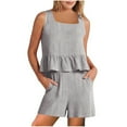 thumbnail image 1 of Aoujea 2 Piece Outfits for Women Plus Size Lounge Matching Sets Solid Outfits Linen Ruffle Crop Square Neck Sleeveless Tank Tops And Short Pants Tracksuits Suit Two Piece Summer Sets, 1 of 8