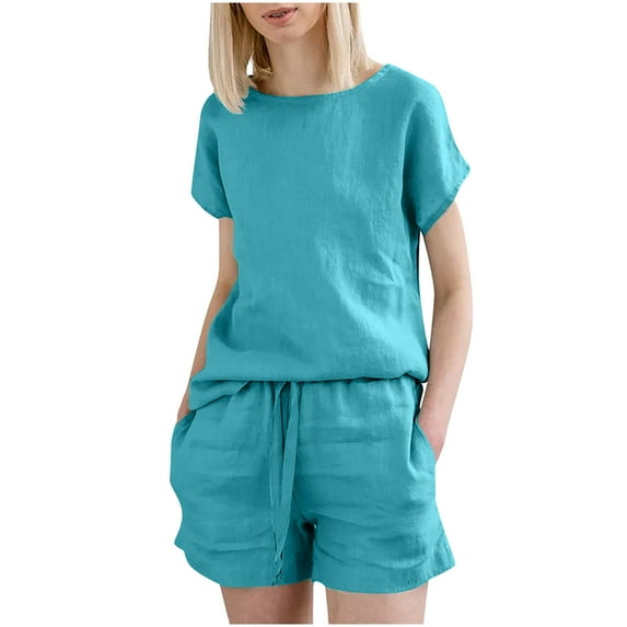 Aoujea 2 Piece Outfits for Women Plus Size 2PC Women Casual Summer Sports Suit Round Neck Sloid Short Sleeve Shorts Set Two Piece Summer Sets