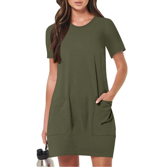 Aoujea 2025 Womens Dress Summer Casual Short Sleeve Crew Neck Sundress T Shirt Loose With Pockets S-2XL