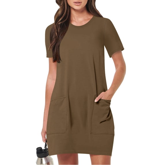 Aoujea 2025 Womens Dress Summer Casual Short Sleeve Crew Neck Sundress T Shirt Loose With Pockets S-2XL