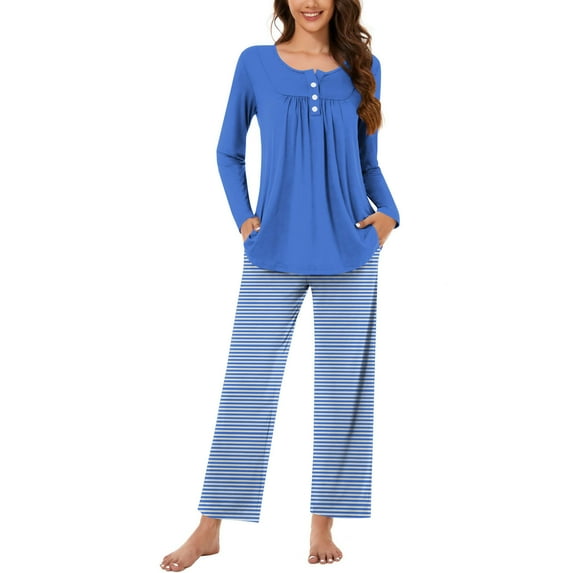 Aoujea 50% Off Clear! Plus Size Womens Pjs Sets Long Sleeve Pajamas for Women Comfy Fashion And Casual Loose Printed Round Neck Button Up Long Sleeved Pants Pajama Set Deals
