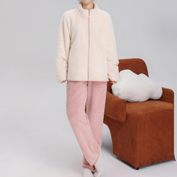 Aoujea Up to 50% off Ladies Pajamas Sets Plus Size Long Sleeve Pajamas for Women Comfy Plush Solid-Color Fashion Casual Loose Pants Pocket Zipper Long Sleeve Turndown Collar Set on Clearance