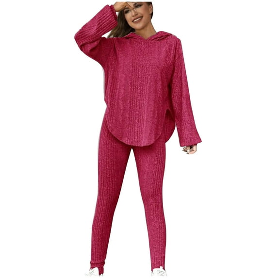 Aoujea Up to 50% off Women Outfits sets Plus Size Fashion Solid Color Fall And Winter Long Sleeved Comfortable Hooded Casual Pants Home Clothing Set on Clearance