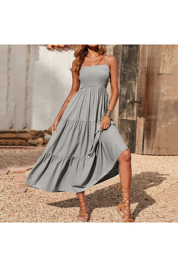 Beach Dresses for Women Bohemian Spaghetti Strap Smocked Tiered Long Beach Sun Dresses Sleeveless Solid Maxi Dress Sleeveless Dresses for Women 20$ & Under Dress