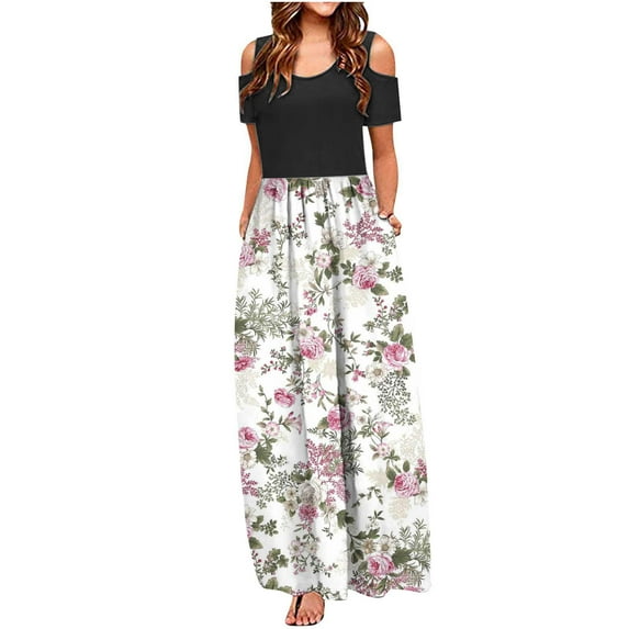 Aoujea Beach Dresses for Women Vacation Women's Fashion Casual Summer Short Sleeve Off The Shoulder Print Round-Neck Dress Sleeveless Dresses for Women 20$ & Under Dress