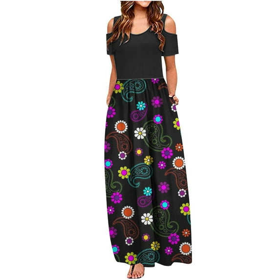 Aoujea Bohemian Dress Women's Fashion Casual Summer Short Sleeve Off The Shoulder Print Round-Neck Dress Sleeveless Dresses for Women 20$ & Under Dress