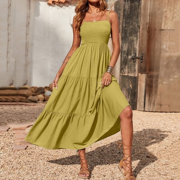 Egzmbll Elegant Dresses for Women Bohemian Spaghetti Strap Smocked Tiered Long Beach Sun Dresses Sleeveless Solid Maxi Dress Summer Sundress Holiday Gift