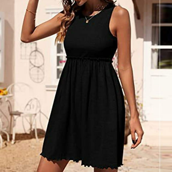 Aoujea Elegant Dresses for Women Summer Solid Color Fashion Casual Fold High Waist Sleeveless Round Neck Vest Dress Summer Sundress Holiday, Gift on Clearance