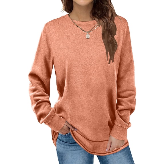 Aoujea Fashion Winter Sweatshirts for Women Plus Size Crewneck Casual Solid Round-Neck Pullover Long Sleeve Tops on Clearance