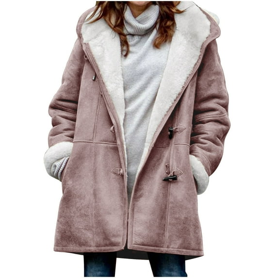 Aoujea Jackets for Women Winter Warm Sherpa Lined Coats Plus Size Hooded Parka Faux Suede Long Pea Coat Outerwear Classic-Fit Soft Fuzzy Jackets Overcoat S-5XL
