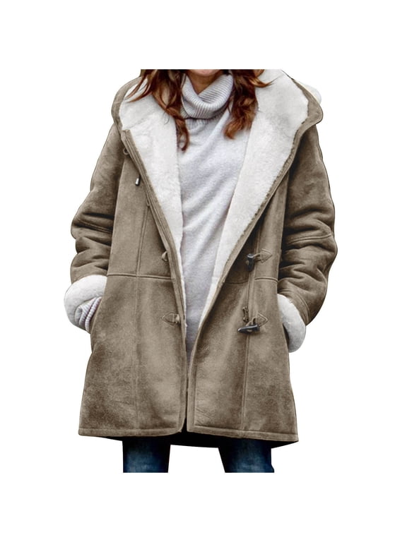 Jackets for Women Winter Warm Sherpa Lined Coats Plus Size Hooded Parka Faux Suede Long Pea Coat Outerwear Classic-Fit Soft Fuzzy Jackets Overcoat S-5XL