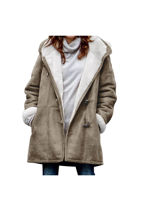 Jackets for Women Winter Warm Sherpa Lined Coats Plus Size Hooded Parka Faux Suede Long Pea Coat Outerwear Classic-Fit Soft Fuzzy Jackets Overcoat S-5XL