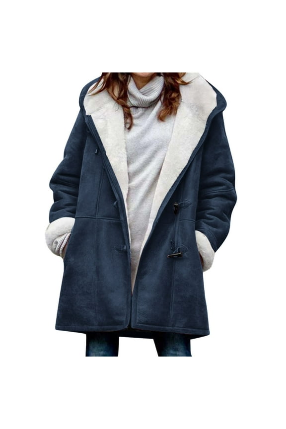 Jackets for Women Winter Warm Sherpa Lined Coats Plus Size Hooded Parka Faux Suede Long Pea Coat Outerwear Classic-Fit Soft Fuzzy Jackets Overcoat S-5XL