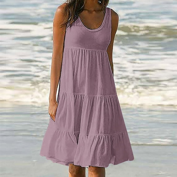 Aoujea Plus Size Dress Womens Summer Casual Round Neck Beach Sleeveless Dress Sleeveless Dresses for Women 20$ & Under Dress