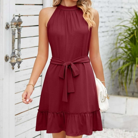 Aoujea Plus Size Holiday Dress Fashion Women Solid Colored Belted Comfortable Round Neck Dress Sleeveless Dresses for Women 20$ & Under Dress