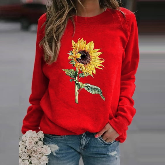 Aoujea Plus Size Tops 2023 Winter Womens Casual Tops Ladies Sunflower Print Sweatshirt Blouse Tee Sweater Tunic Tops Up To 65% Off