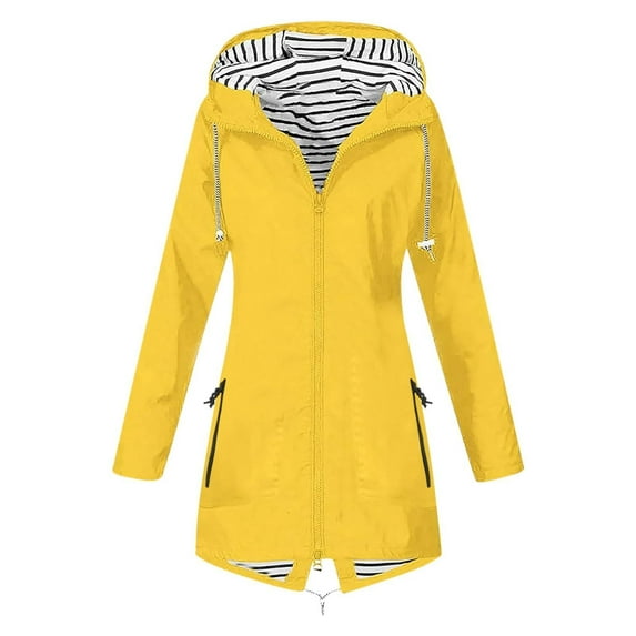 Aoujea Raincoats for Women with Hood Women Solid Color Rain Jacket Outdoor Hooded Windproof Loose With Pocket Coat on Clearance Yellow 2XL