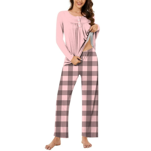 Aoujea Save up to 50% Womens Sets Long Sleeve Plus Size Pajamas for Women Comfy Fashion And Casual Loose Printed Round Neck Button Up Long Sleeved Pants Pajama Set Gift for Women