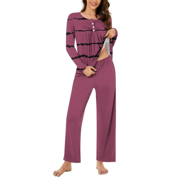 Aoujea Save up to 50% Womens Sets Long Sleeve Plus Size Pajamas for Women Comfy Fashion And Casual Loose Printed Round Neck Button Up Long Sleeved Pants Pajama Set Gift for Women