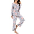 thumbnail image 1 of Aoujea Save up to 50% Womens Sets Long Sleeve Plus Size Pajamas for Women Comfy Fashion And Casual Loose Printed Round Neck Button Up Long Sleeved Pants Pajama Set Gift for Women, 1 of 7
