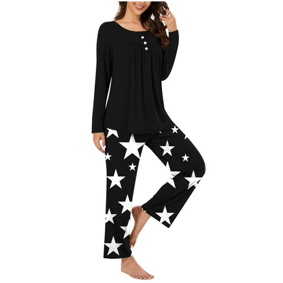 Aoujea Save up to 50% Womens Sets Long Sleeve Plus Size Pajamas for Women Comfy Fashion And Casual Loose Printed Round Neck Button Up Long Sleeved Pants Pajama Set Gift for Women