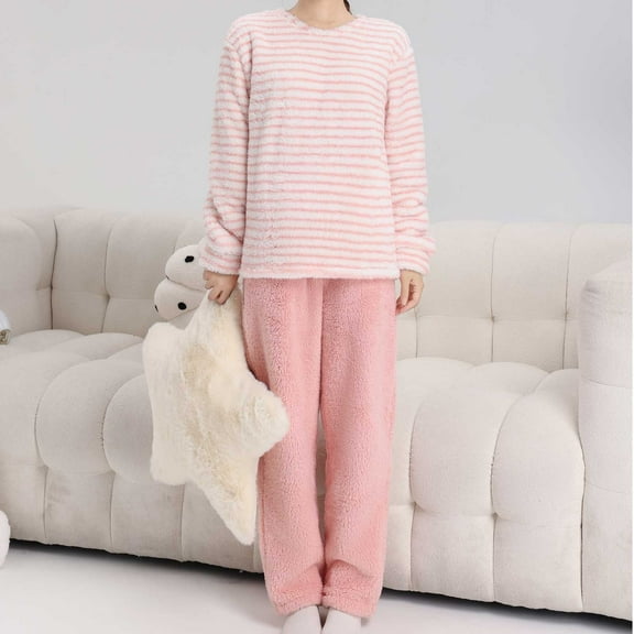 Aoujea Save up to 50% Womens Sets Long Sleeve Plus Size Pajamas for Women Comfy Plush Fashion Casual Loose Striped Long Sleeve Round-Neck Blouses Set Gift for Women