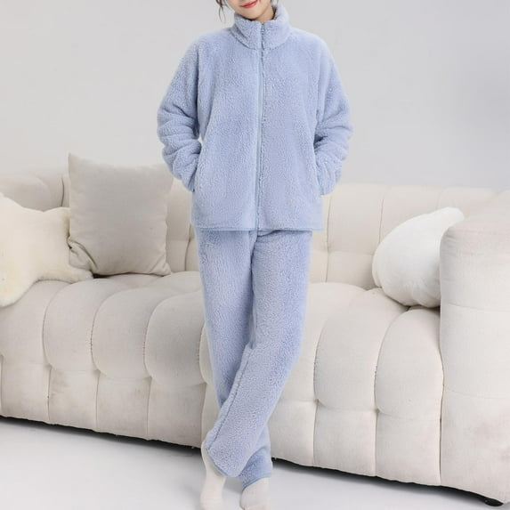 Aoujea Save up to 50% Womens Sets Long Sleeve Plus Size Pajamas for Women Comfy Plush Solid-Color Fashion Casual Loose Pants Pocket Zipper Long Sleeve Turndown Collar Set Gift for Women